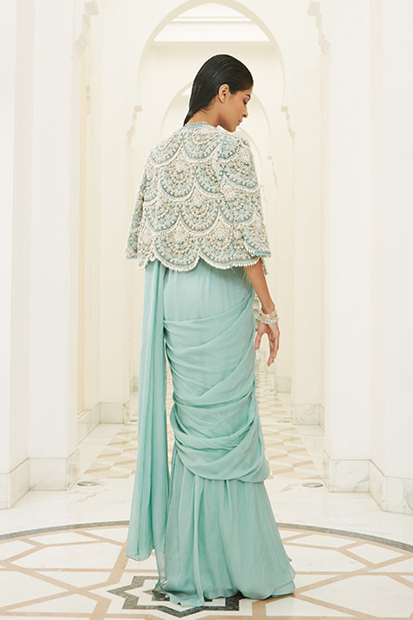 CRUISE TEAL PEARL DROP EMBROIDERED SAREE