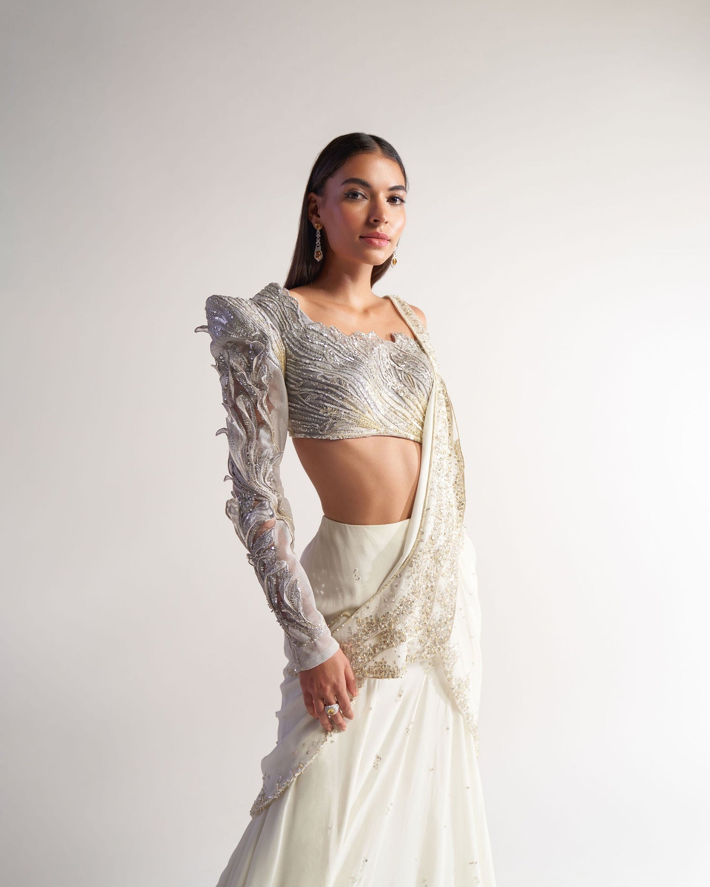 Ivory Dramatic Drape Saree