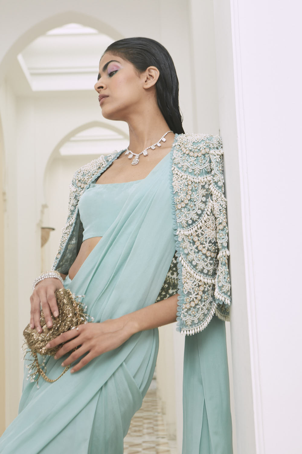 CRUISE TEAL PEARL DROP EMBROIDERED SAREE